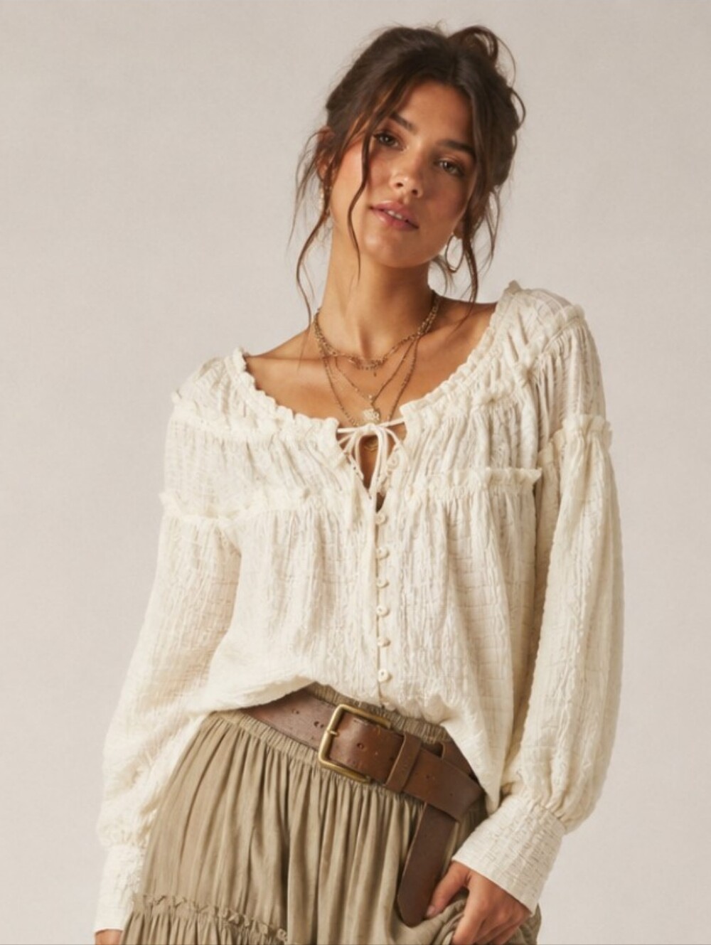 Free People Ivory Textured Ruffle Peasant Boho Blouse Small NWOT